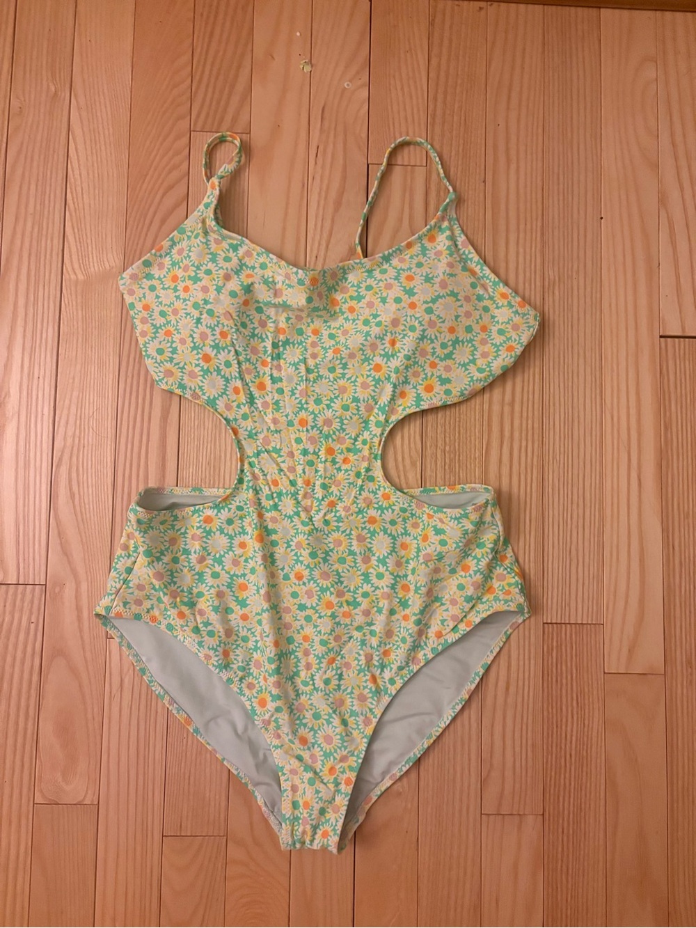 aerie Floral Cutout One-Piece Swimsuit in Mint Green and Yellow